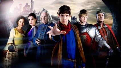 The full cast (L to R: Gwen, Morgana, Gaius, Merlin, Arthur, and Uther Pendragon)